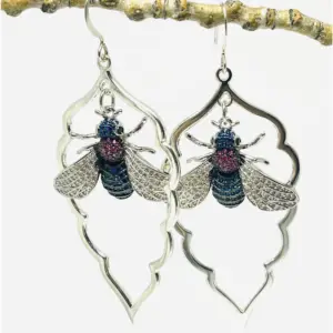 Breathe & Adorn Arabesque Bee Earrings - micro-pavé bee in sapphire blue and fuchsia inside a silver-plated arabesque frame, by My36Breaths