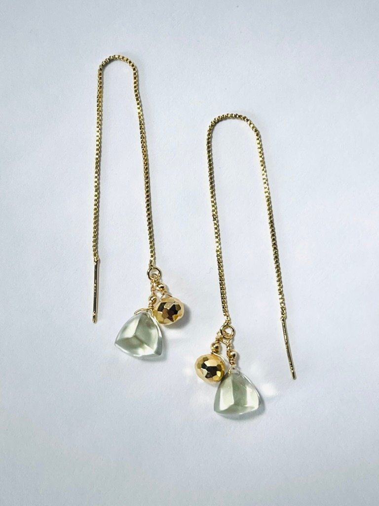 Golden Threader Earrings Green Amethyst Golden Threader Earrings Green Amethyst - green amethyst trillions and gold-covered pyrite on gold-plated threader chain, by My36Breaths