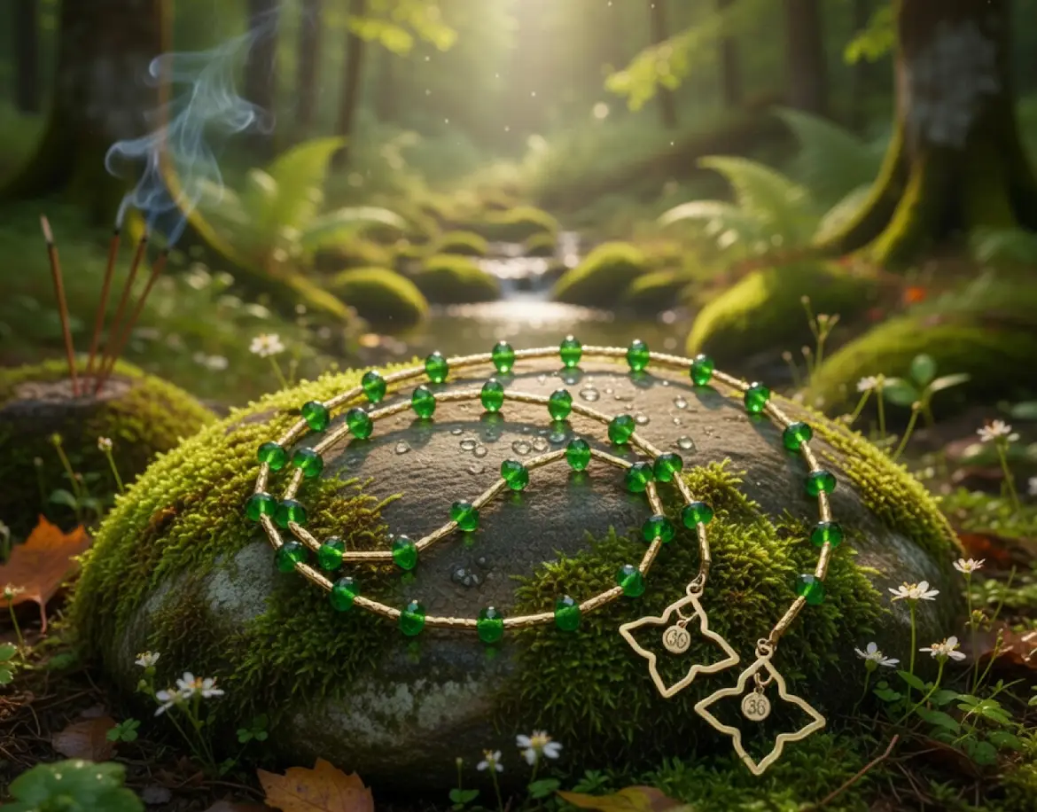 Thirty-six deep forest-green celestial crystal beads set among gold-plated spacers and finished with the My36breaths signature charm. Move bead by bead through your 36 breaths and feel yourself return to center, rooted and clear. A mindful piece for anyone building a new rhythm of life.  alt=