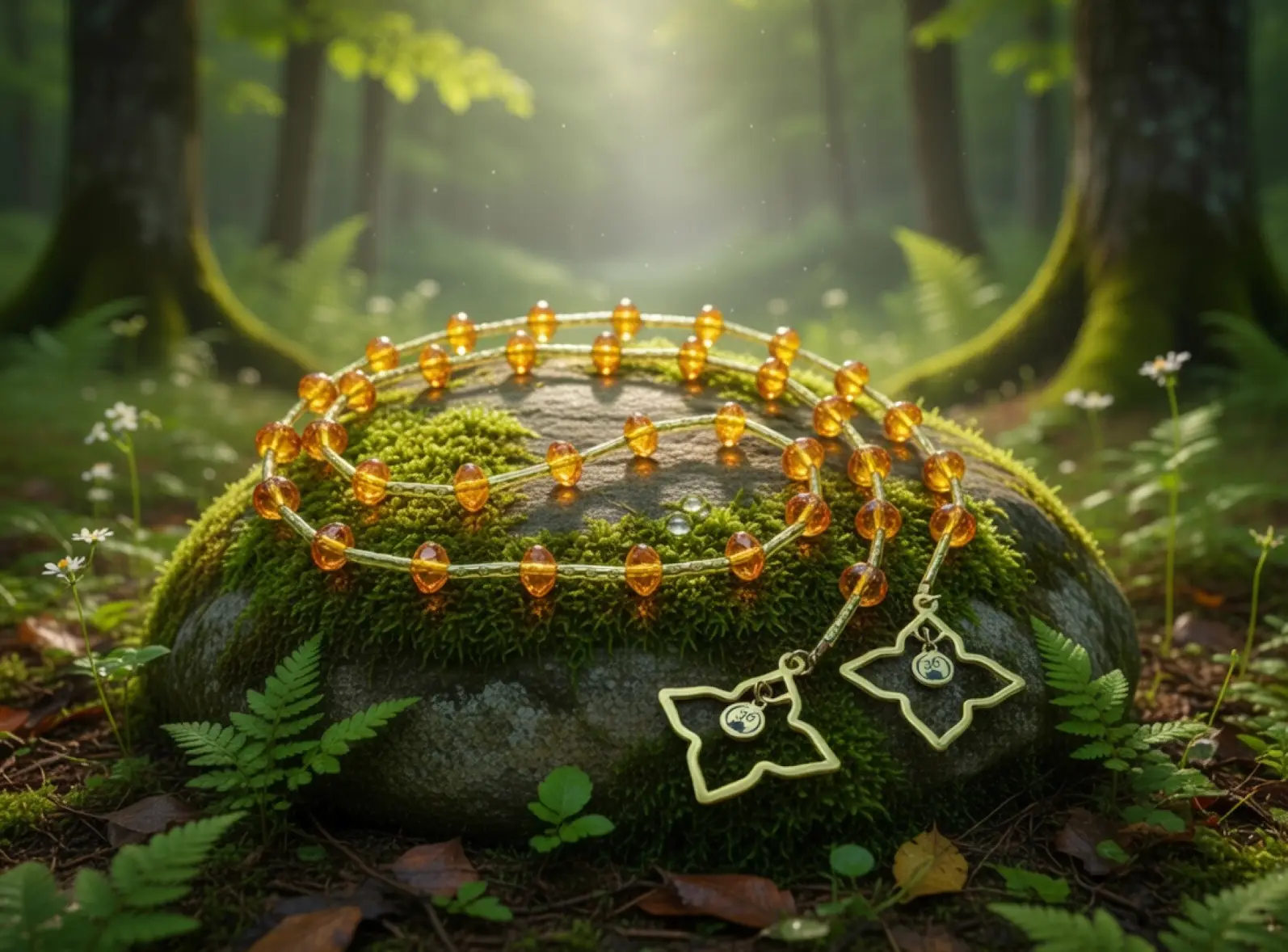 Thirty-six luminous amber celestial crystal beads, strung between delicate gold-plated spacers and finished with the My36breaths signature charm. Each bead marks one breath &mdash; a full cycle of grounding, releasing, returning.  alt=