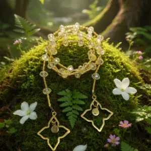 36 Celestial Crystal Mala Sunlight - pale golden crystal beads with gold spacers and star charms on moss, by My36Breaths