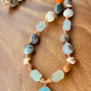 Breathe & Adorn Forest Stream Amazonite Necklace - copper-framed amazonite teardrop over green aventurine, jasper and carnelian, handmade by My36Breaths