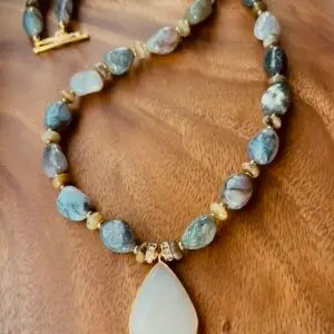 Breathe & Adorn Moon Over Water Moonstone Necklace - faceted moonstone in gold vermeil bezel over jasper, aventurine, smoky quartz and labradorite, handmade by My36Breaths