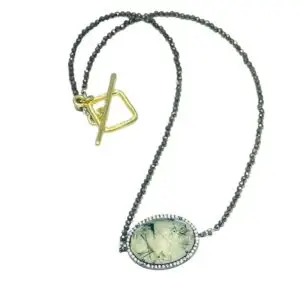 Rutilated Quartz, CZ bezel set, 2mm pyrite beads and 14kt Vermeil clasp