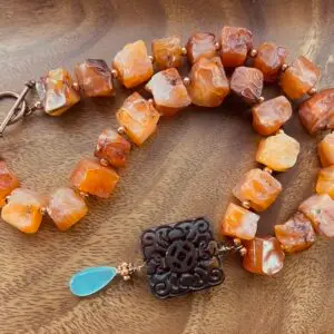 Breathe & Adorn Ember & Earth Carnelian Necklace - rough carnelian, carved wood medallion and blue chalcedony drop on copper, handmade by My36Breaths