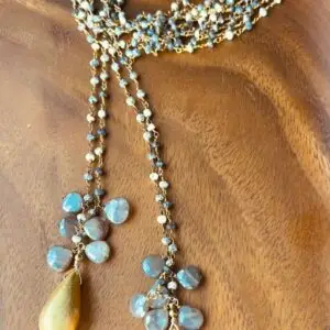 Breathe & Adorn Mist & Moon Dendritic Opal Lariat - dendritic opal chain with mystic moonstone clusters and brushed gold drops, handmade by My36Breaths