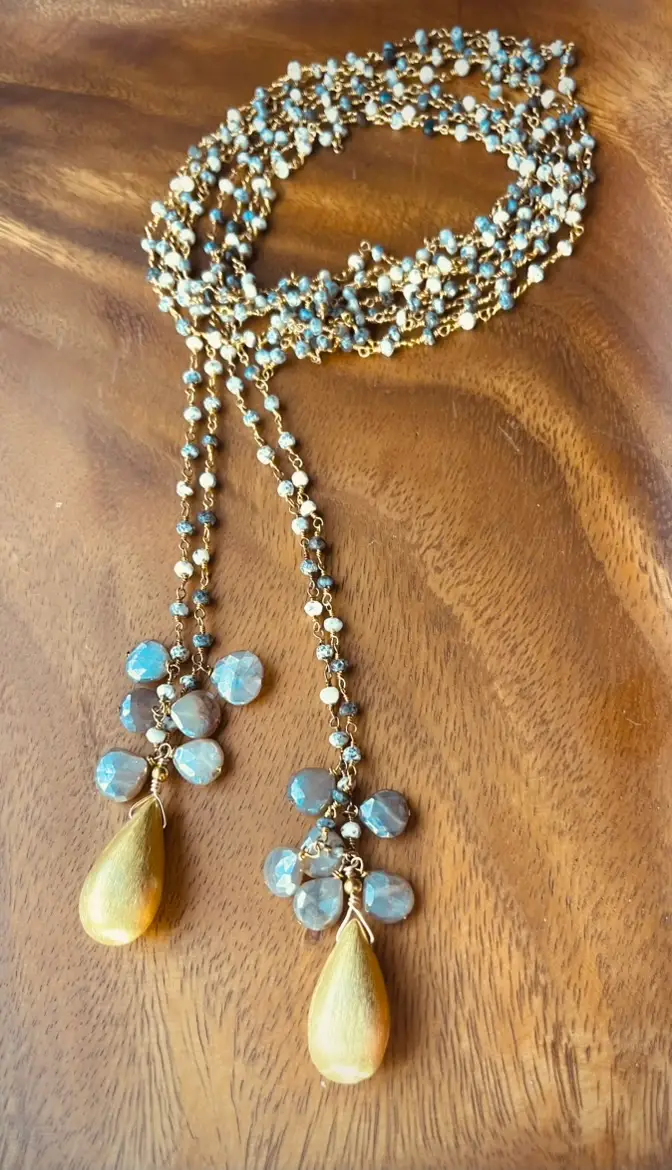 Mist & Moon Dendritic Opal Lariat Mist & Moon Dendritic Opal Lariat - dendritic opal chain with mystic moonstone clusters and brushed gold drops, handmade by My36Breaths