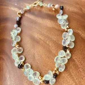 Breathe & Adorn Spring Rain Prehnite Necklace - faceted prehnite clusters with golden plated pyrite, onyx, mystic moonstone and aventurine, handmade by My36Breaths