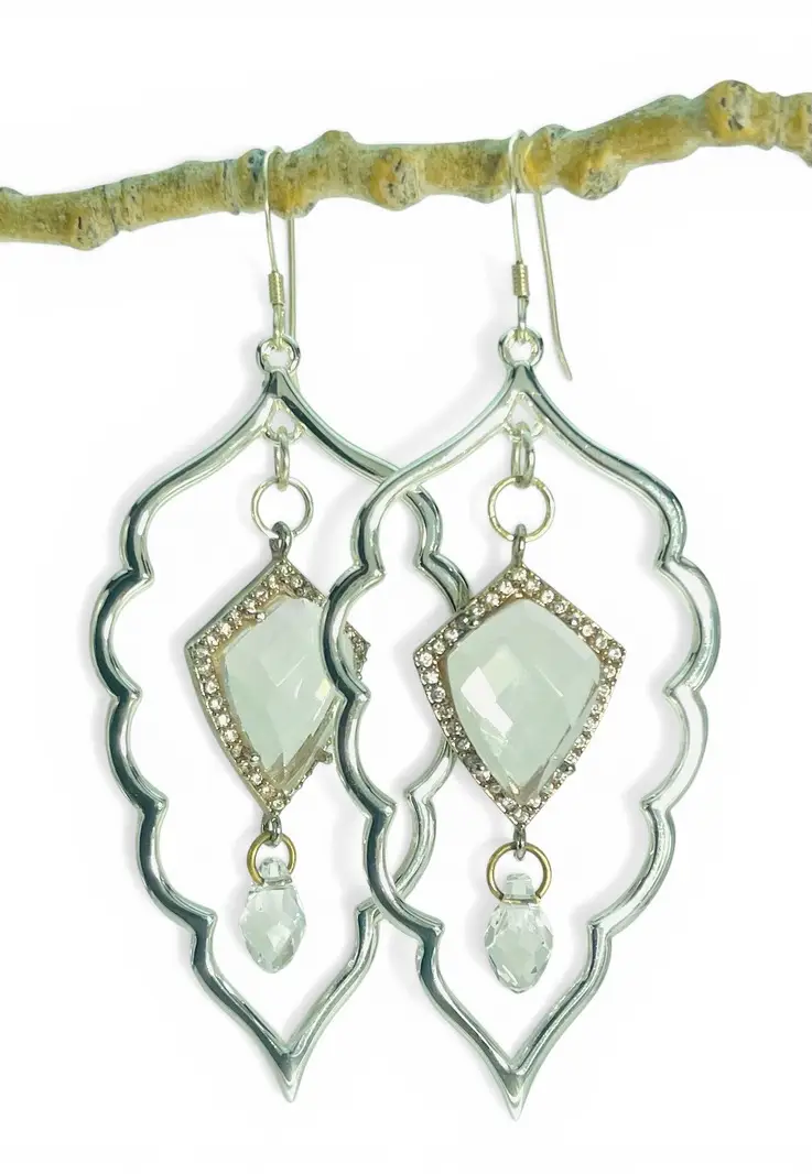Arabesque Crystal Drop Earrings Arabesque Crystal Drop Earrings - clear quartz in pavé bezel with crystal briolette in a silver-plated arabesque frame, by My36Breaths