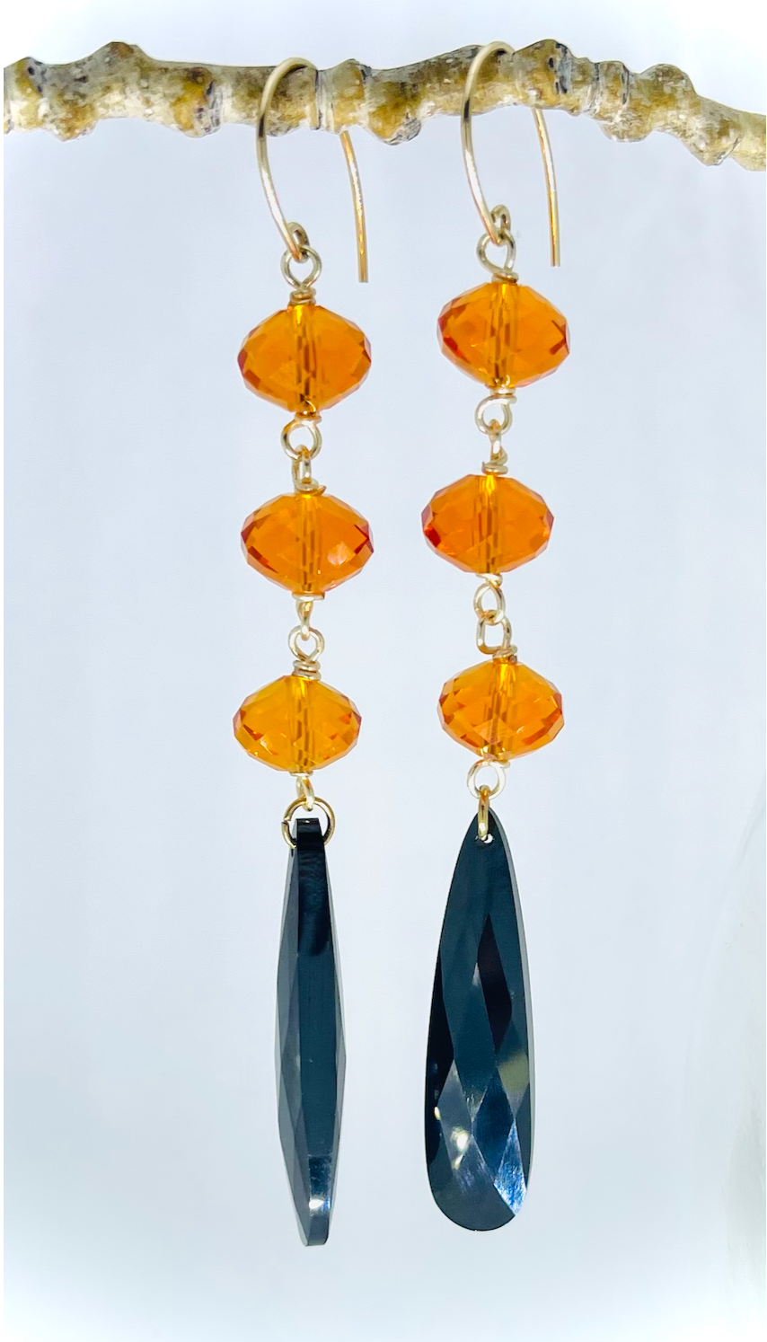 Cascade Drop Earrings Ember Night Cascade Drop Earrings Ember Night - orange Austrian crystals and long black cubic zirconia drop on 14kt gold-filled hooks, by My36Breaths